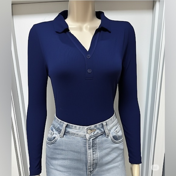 Violet & Roses Blue Ribbed Long Sleeve Bodysuit 1X - Picture 2 of 12